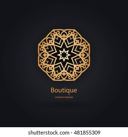 Luxury logotype in the shape of a flower for antique boutique. Gold logo, flower. Simple geometric sign. Icons, business, invitations. Volumetric golden big bud. Vintage. Islam, Arabic, Indian. Retro.