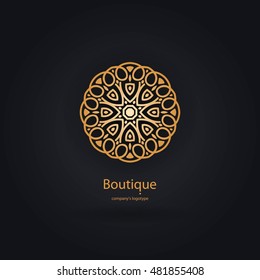 Luxury logotype in the shape of a flower for antique boutique. Gold logo, flower. Simple geometric sign. Icons, business, invitations. Volumetric golden big bud. Vintage. Islam, Arabic, Indian. Retro.