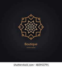 Luxury logotype in the shape of a flower for antique boutique. Gold logo, flower. Simple geometric sign. Icons, business, invitations. Volumetric golden big bud. Vintage. Islam, Arabic, Indian. Retro.