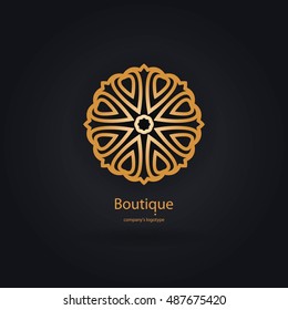 Luxury logotype in the shape of a flower for antique boutique. Gold logo, flower. Simple geometric sign. Icons, business, invitations. Volumetric golden big bud. Vintage. 