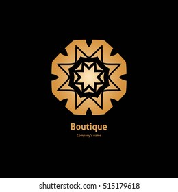 Luxury logotype in the shape of a flower for antique boutique. Gold logo, flower. Simple geometric sign. Icons, business, invitations. Volumetric golden big bud. Vintage. Islam, Arabic, Indian. Retro.