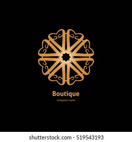 Luxury logotype in the shape of a flower for antique boutique. Gold logo, flower. Simple geometric sign. Icons, business, invitations. Volumetric golden big bud. Vintage. Islam, Arabic, Indian. Retro.