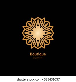 Luxury logotype in the shape of a flower for antique boutique. Gold logo, flower. Simple geometric sign. Icons, business, invitations. Volumetric golden big bud. Vintage. Islam, Arabic, Indian. Retro.