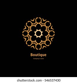 Luxury logotype in the shape of a flower for antique boutique. Gold logo, flower. Simple geometric sign. Icons, business, invitations. Volumetric golden big bud. Vintage. Islam, Arabic, Indian. Retro.