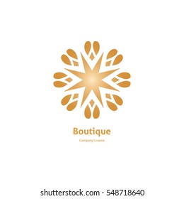 Luxury logotype in the shape of a flower for antique boutique. Gold logo, flower. Simple geometric sign. Icons, business, invitations. Volumetric golden big bud. Vintage. Islam, Arabic, Indian. 