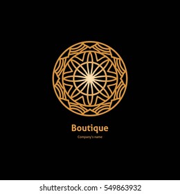 Luxury logotype in the shape of a flower for antique boutique. Gold logo, flower. Simple geometric sign. Icons, business, invitations. Volumetric golden big bud. Vintage. Islam, Arabic, Indian. Retro.
