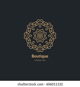 Luxury logotype in the shape of a flower for antique boutique. Gold logo, flower. Simple geometric sign. Icons, business, invitations. Volumetric golden big bud. Vintage. Islam, Arabic, Indian. Retro.