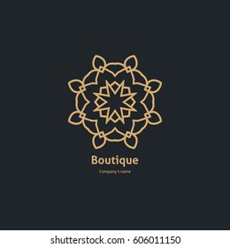 Luxury logotype in the shape of a flower for antique boutique. Gold logo, flower. Simple geometric sign. Icons, business, invitations. Volumetric golden big bud. Vintage. Islam, Arabic, Indian. Retro.