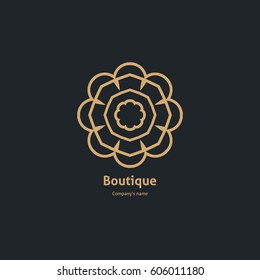 Luxury logotype in the shape of a flower for antique boutique. Gold logo, flower. Simple geometric sign. Icons, business, invitations. Volumetric golden big bud. Vintage. Islam, Arabic, Indian. Retro.