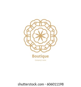 Luxury logotype in the shape of a flower for antique boutique. Gold logo, flower. Simple geometric sign. Icons, business, invitations. Volumetric golden big bud. Vintage. Islam, Arabic, Indian. Retro.