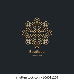 Luxury logotype in the shape of a flower for antique boutique. Gold logo, flower. Simple geometric sign. Icons, business, invitations. Volumetric golden big bud. Vintage. Islam, Arabic, Indian. Retro.