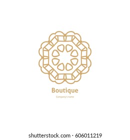 Luxury logotype in the shape of a flower for antique boutique. Gold logo, flower. Simple geometric sign. Icons, business, invitations. Volumetric golden big bud. Vintage. Islam, Arabic, Indian. Retro.