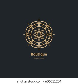 Luxury logotype in the shape of a flower for antique boutique. Gold logo, flower. Simple geometric sign. Icons, business, invitations. Volumetric golden big bud. Vintage. Islam, Arabic, Indian. Retro.