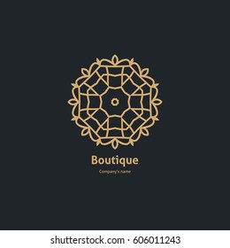 Luxury logotype in the shape of a flower for antique boutique. Gold logo, flower. Simple geometric sign. Icons, business, invitations. Volumetric golden big bud. Vintage. Islam, Arabic, Indian. Retro.