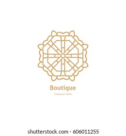 Luxury logotype in the shape of a flower for antique boutique. Gold logo, flower. Simple geometric sign. Icons, business, invitations. Volumetric golden big bud. Vintage. Islam, Arabic, Indian. Retro.