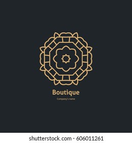 Luxury logotype in the shape of a flower for antique boutique. Gold logo, flower. Simple geometric sign. Icons, business, invitations. Volumetric golden big bud. Vintage. Islam, Arabic, Indian. Retro.