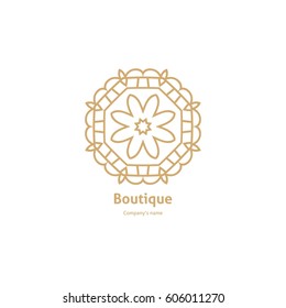 Luxury logotype in the shape of a flower for antique boutique. Gold logo, flower. Simple geometric sign. Icons, business, invitations. Volumetric golden big bud. Vintage. Islam, Arabic, Indian. Retro.
