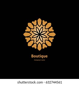Luxury logotype in the shape of a flower for antique boutique. Gold logo, flower. Simple geometric sign. Icons, business, invitations. Volumetric golden big bud. Vintage. Islam, Arabic, Indian. 