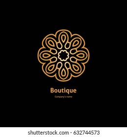 Luxury logotype in the shape of a flower for antique boutique. Gold logo, flower. Simple geometric sign. Icons, business, invitations. Volumetric golden big bud. Vintage. Islam, Arabic, Indian. 