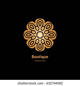 Luxury logotype in the shape of a flower for antique boutique. Gold logo, flower. Simple geometric sign. Icons, business, invitations. Volumetric golden big bud. Vintage. Islam, Arabic, Indian. 