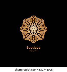 Luxury logotype in the shape of a flower for antique boutique. Gold logo, flower. Simple geometric sign. Icons, business, invitations. Volumetric golden big bud. Vintage. Islam, Arabic, Indian. 