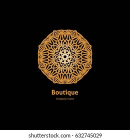 Luxury logotype in the shape of a flower for antique boutique. Gold logo, flower. Simple geometric sign. Icons, business, invitations. Volumetric golden big bud. Vintage. Islam, Arabic, Indian. 