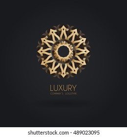 Luxury logotype in the shape of a flower. Gold logo, flower. Simple geometric sign. Icons, business, invitations. Volumetric golden big bud. Vintage. Islam, Arabic Indian Retro