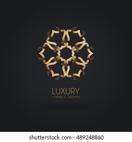 Luxury logotype in the shape of a flower. Gold logo, flower. Simple geometric sign. Icons, business, invitations. Volumetric golden big bud. Vintage. Islam, Arabic Indian Retro