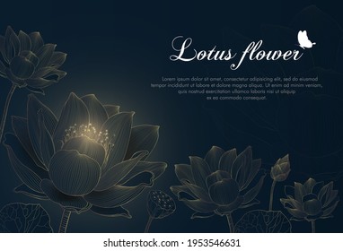 Luxury lotus background design with golden line and dark blue color. Lotus flowers line arts design for wallpaper, banner, prints, invitation and packaging design. Vector illustration