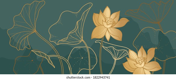 Luxury lotus background vector with golden metallic decorate