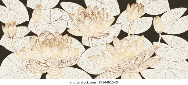 Luxury lotus background vector. Golden lotus line arts design for wall arts, fabric, prints and background texture, Vector illustration.