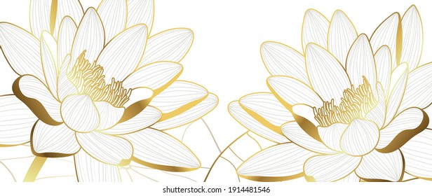 Luxury lotus background vector. Golden lotus line arts design for wall arts, fabric, prints and background texture, Vector illustration.