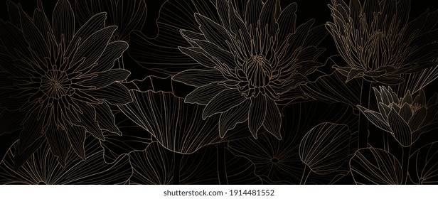 Luxury lotus background vector. Golden lotus line arts design for wall arts, fabric, prints and background texture, Vector illustration.