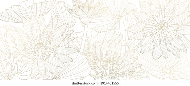 Luxury lotus background vector. Golden lotus line arts design for wall arts, fabric, prints and background texture, Vector illustration.