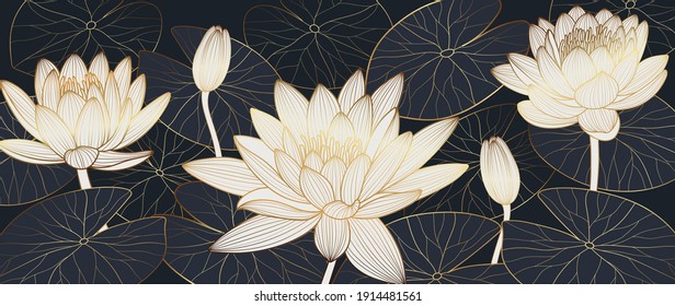 Luxury lotus background vector. Golden lotus line arts design for wall arts, fabric, prints and background texture, Vector illustration.