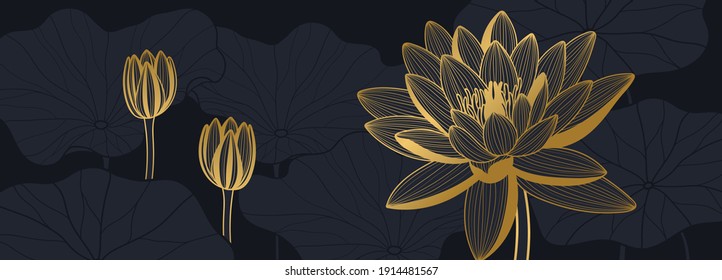 Luxury lotus background vector. Golden lotus line arts design for wall arts, fabric, prints and background texture, Vector illustration.