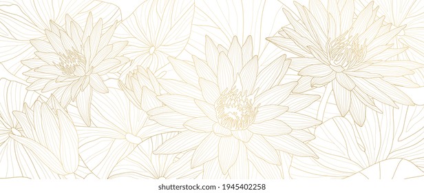 Luxury lotus background vector. Golden lotus line arts design for wall arts, fabric, prints and background texture, Vector illustration.