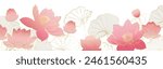 Luxury lotus flower background vector. Elegant pink lotus flowers golden line art, leaves, gradient color. Japanese and Chinese illustration Design for decor, wallpaper, poster, banner, packaging.