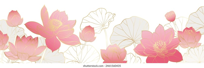 Luxury lotus flower background vector. Elegant pink lotus flowers golden line art, leaves, gradient color. Japanese and Chinese illustration Design for decor, wallpaper, poster, banner, packaging.