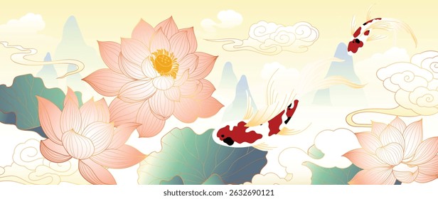 Luxury lotus flower gold line background vector. Elegant pink lotus flowers with oriental lotus flower, leaf, mountain, koi fish. Design for decor, wallpaper, product, banner, card, backdrop.