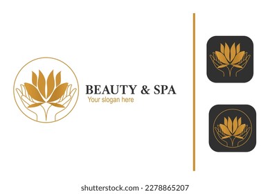 Luxury Lotus Flower in hand Logo Design Template. for  Beauty Spa salon ,Cosmetics brand style ,Wellness template