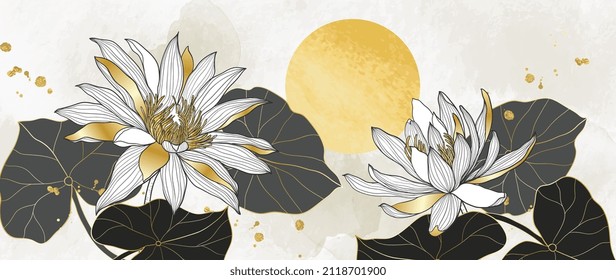 Luxury Lotus Flower Line Art Pattern Background. Shiny Wallpaper Design With Golden Line And Circle Sun. Gold-white Vector For Banner, Prints, Poster, Wall Art, And Packaging