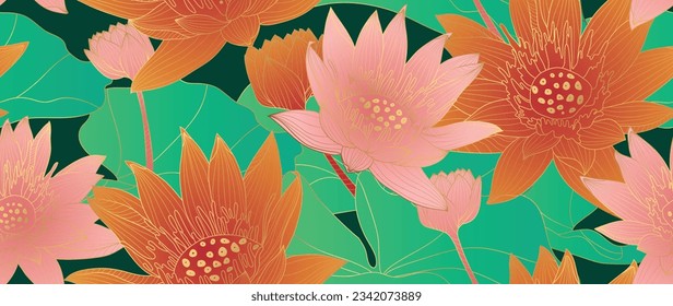 Vector de fondo de flores Lotus de lujo. Elegante gradiente de flores de loto dorado línea arte, hojas sobre fondo verde. Diseño oriental para artes murales, cubierta, impresión, decoración, diseño de empaques.