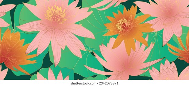 Vector de fondo de flores Lotus de lujo. Elegante gradiente de flores de loto dorado línea arte, hojas sobre fondo verde. Diseño oriental para artes murales, cubierta, impresión, decoración, diseño de empaques.