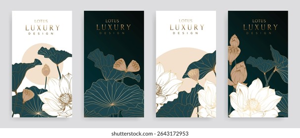Luxo lótus mão desenhado padrão cobrir vetor de design. Papel de parede com lótus branco, flores e folhas design em linha de ouro arte. Ilustração para post de mídia social, internet, embalagem, capas e impressões.
