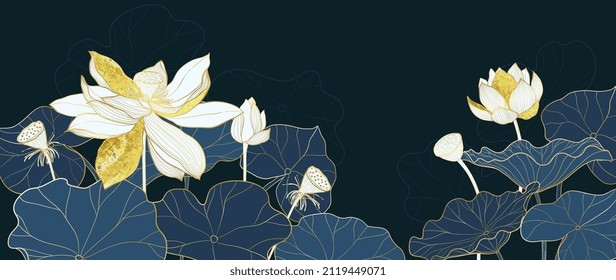 Luxury lotus line art on dark background, Golden hand drawn wallpaper with white lotus flowers, blooms, and leaves. Design for banners, prints, cover and poster.