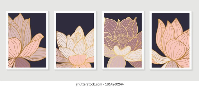 Plantilla de diseño de portada de artículos de lujo de la línea Lotus. Dibujar a mano la flor de loto de oro y las hojas. Diseño para el diseño de envases, publicación en medios sociales, portada, banner, artes murales.  ilustración vectorial.