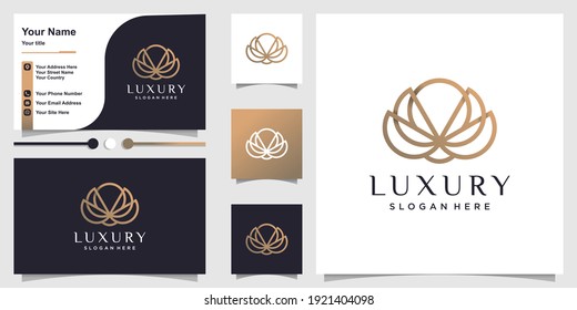 Logotipo de loto de lujo con estilo de arte de línea creativa y diseño de tarjetas de visita Premium Vector