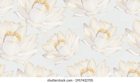 Luxury lotus seamless pattern background vector. Golden lotus line arts design for wedding, backdrop, wallpaper, banner, card, cover, texture, packaging design. Vector illustration