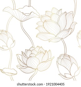 Luxury lotus seamless wallpaper design vector, Gold lotus line flowers seamless pattern for packaging background, print,